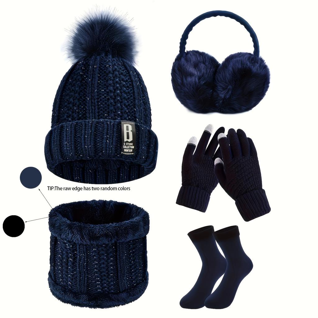 high quality5pcs/Set Winter Outdoor Sports Equipment: Thick Warm Knit Hat, Neck, Touch Screen Gloves, Plush Ear Muffs and Snow Socks, Suitable for