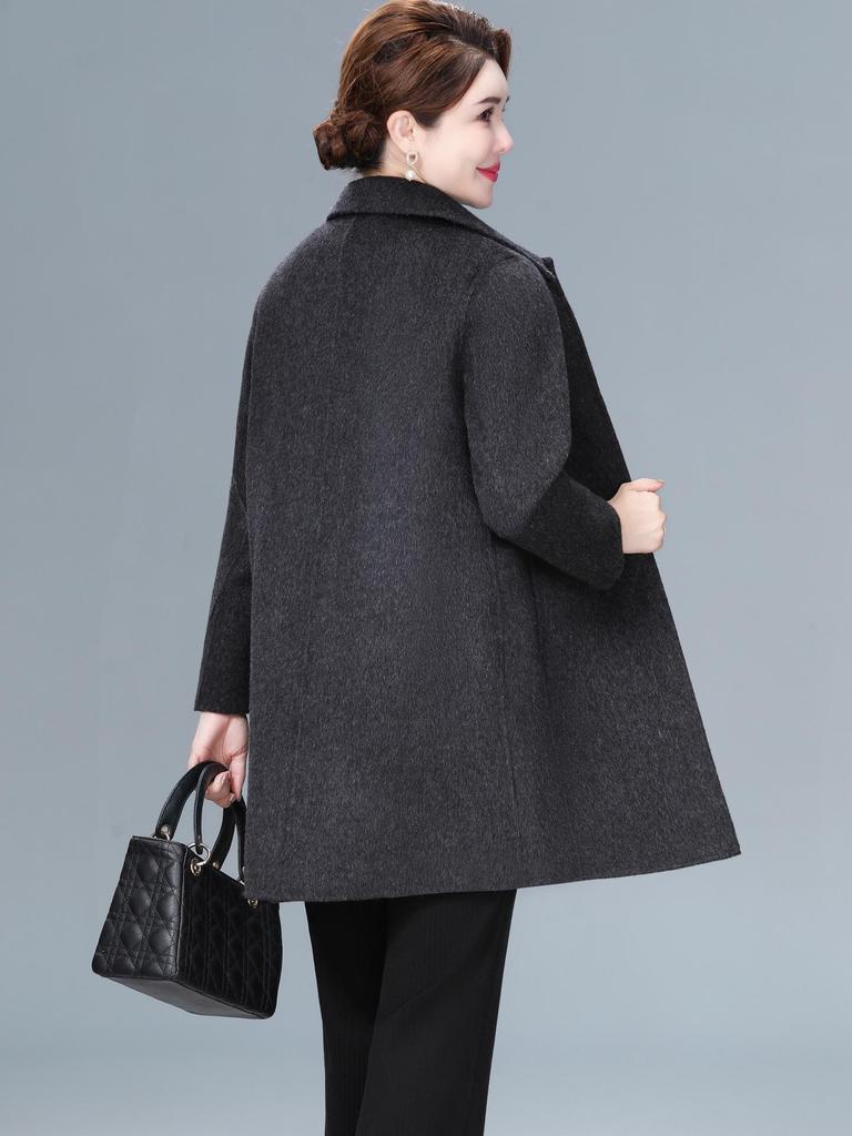 Women's Plus Size Mid-Length Wool Coat - Double-Sided, Fashionable Autumn/Winter Outerwear for Middle-Aged and Elderly