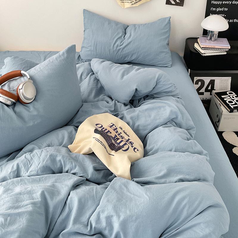 Solid Color Pure Cotton 4-Pcs Set Class A Maternal Infant Grade Naked Sleeping Sheets Quilt Cover Washed Cotton Bedding 3-Pcs Set
