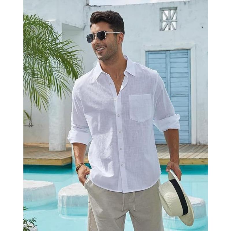 Camicia Casual da Uomo a Maniche Lunghe, Monocolore, Bottoni, Puro Cotone