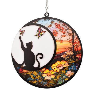 HACRAHO Stained Glass Window Hanging, 1 Pack Black Cat On the Moon Suncatcher Ornament Decor, Stained Glass Cat Memorial Gift