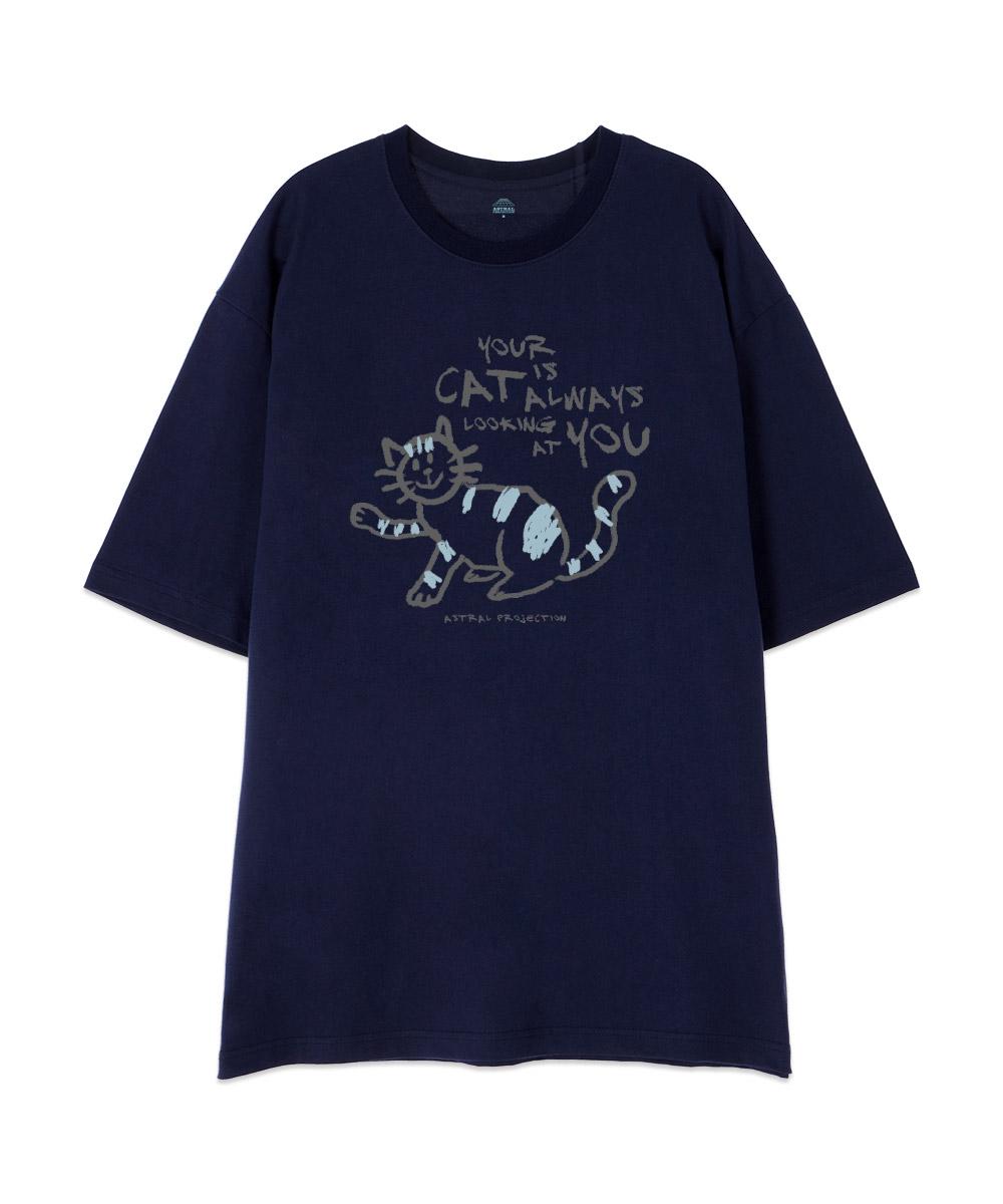 Astral Projection [Oversized] Doodle Cat 13-Count Cotton Round Neck Short Sleeve T-Shirt_Navy L