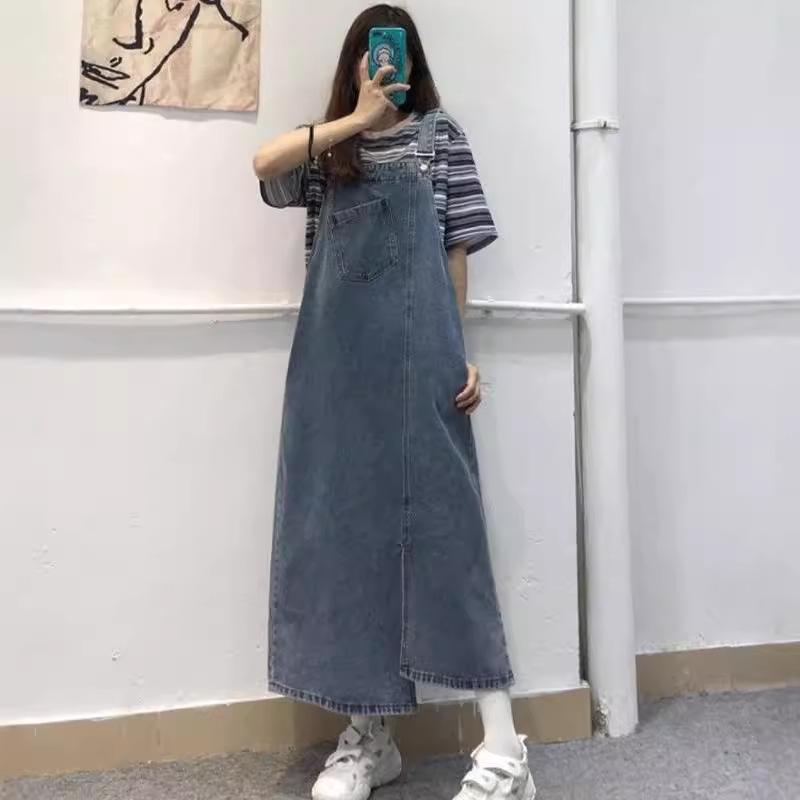 Autumn Women's Retro Loose-Fit Denim Overall Dress with Irregular Slit