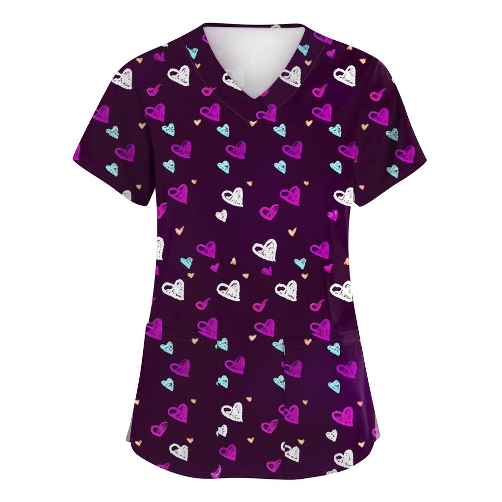 Women's Fashion Short-Sleeve Valentine's Day Print V-Neck Pocket Workwear Top