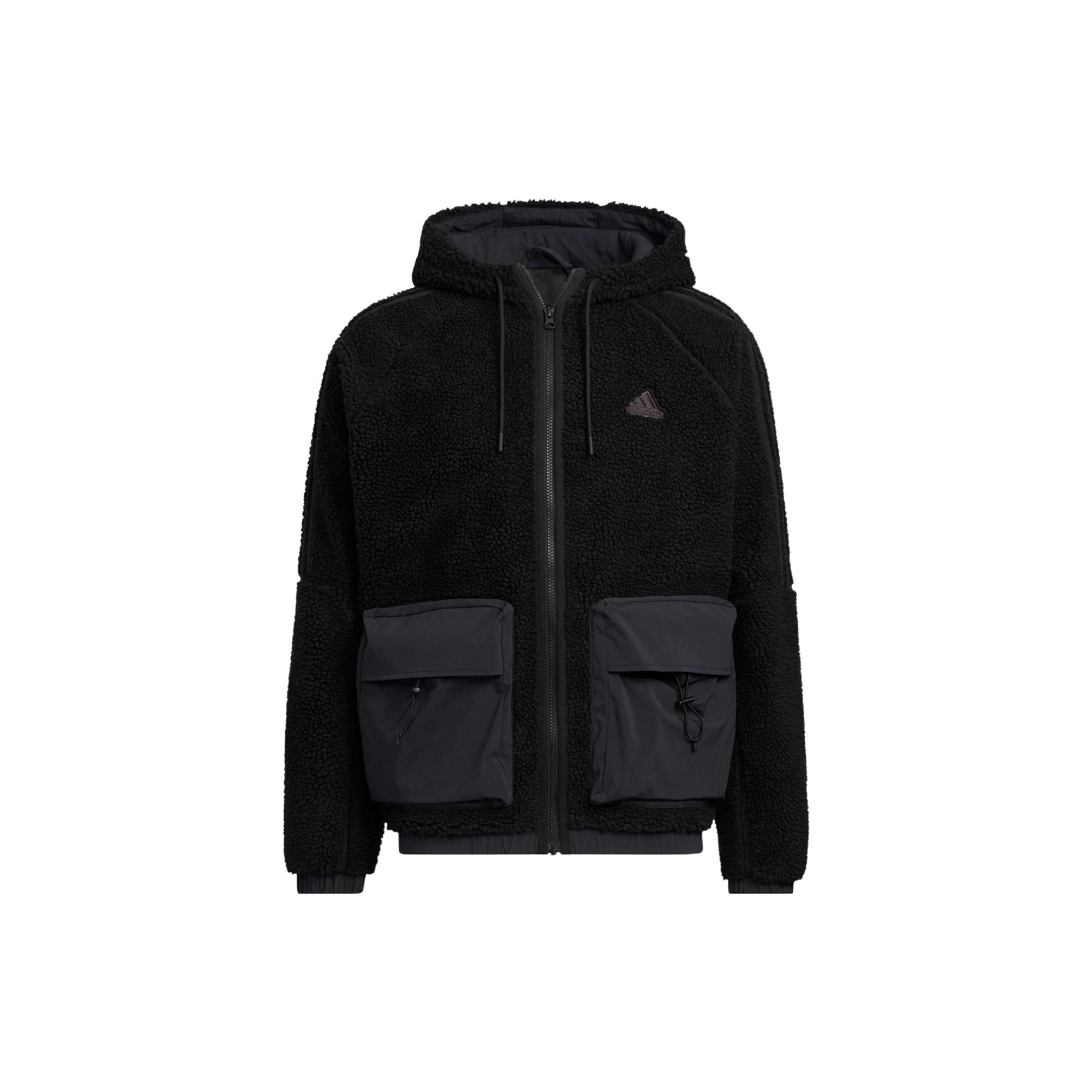 Adidas Originals Logo Fleece Full Zip Hooded Regular Fit Wind Resistant Sherpa Fleece Training Jacket Unisex Black HR4440 L
