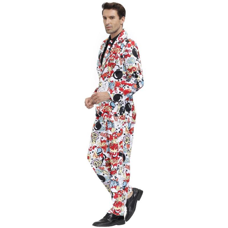 M-XL Men's Print Craze Suit Clown Costume, Halloween Holiday Disco Suit for Men