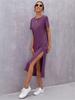 New Spring/Summer Women's Knit Short Sleeve Dress with Round Neck and Split Hem