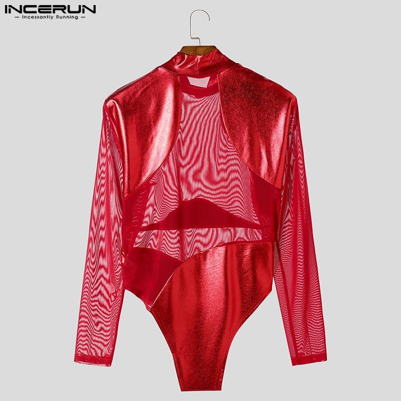 INCERUN Men Long Sleeve Glitter Patchwork Mesh Sheer See Through Leotard Jumpsuits