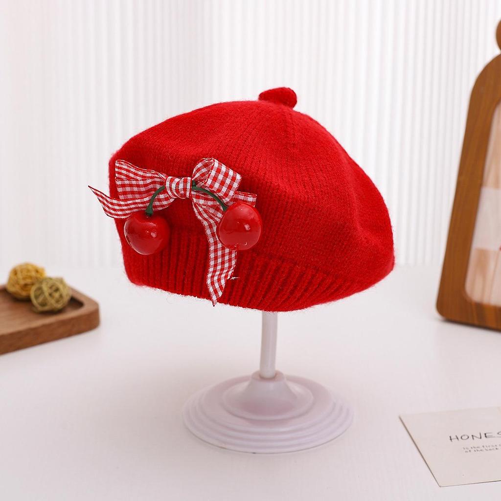 Charming Woolen Beret with Bow & Cherry for Kids - Autumn & Winter Solid Color Hat