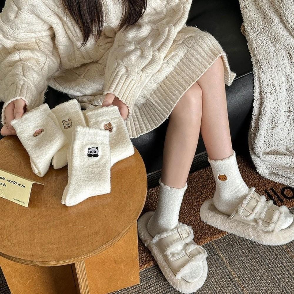 Cartoon Mink Velvet Socks Anti-slip Fluffy Mid Socks Soft Floor Plush Sock