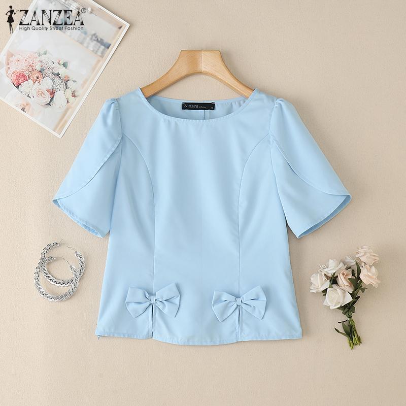 ZANZEA Women Summer Round Neck Solid Color Casual Short Sleeve Blouse