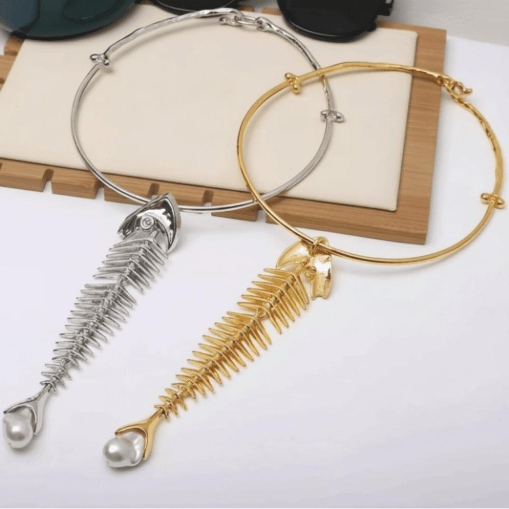 Zinc Zinc Alloy Fashion Exaggerated Necklace Rhinestone Fish Bone Neck Chain For Women