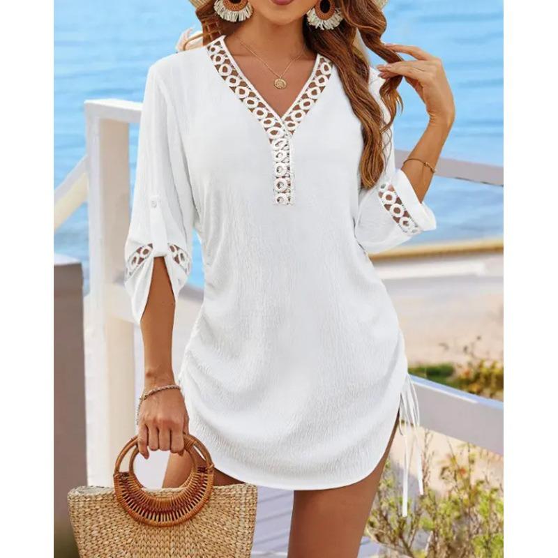 QICED Fashion Summer Spring Solid Color Print V-Neck 3/4 Sleeves Casual Dresses