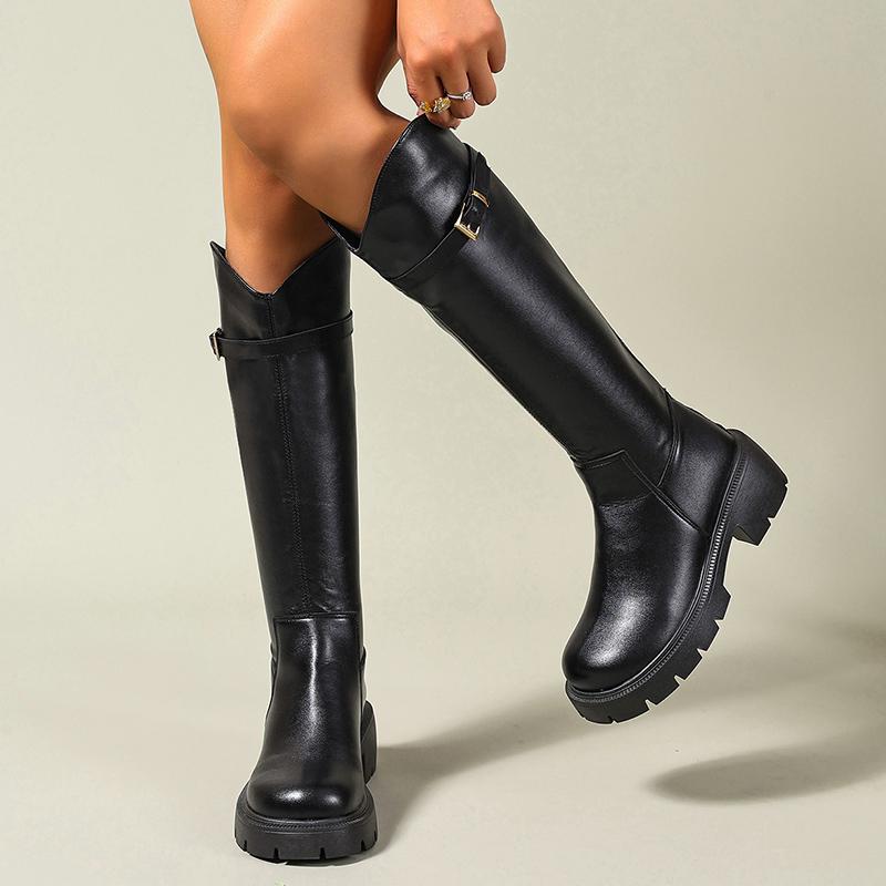 Women's Knee High Riding Boots Fashion Buckle Strap Chunky Heel Knight Boots Woman Black Platform Pu Leather Long Botas De Mujer