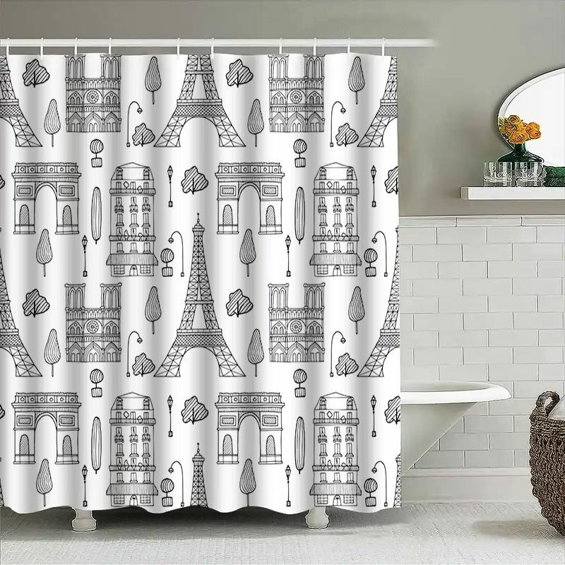 Vintage Parisian Sketch Shower Curtain Featuring Eiffel Tower, Notre Dame Cathedral Arc De Triomphe Black White Decor For Bathro