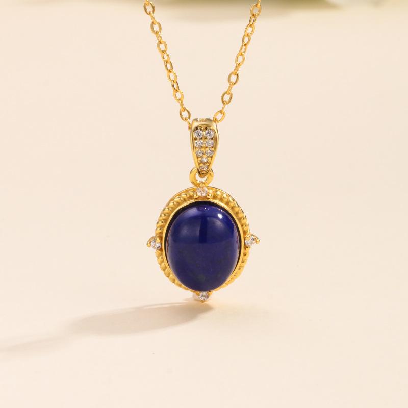 

S925 sterling silver necklace women s oval egg surface lapis lazuli retro atmosphere fashion simple daily commuter collarbone chain 925 silver