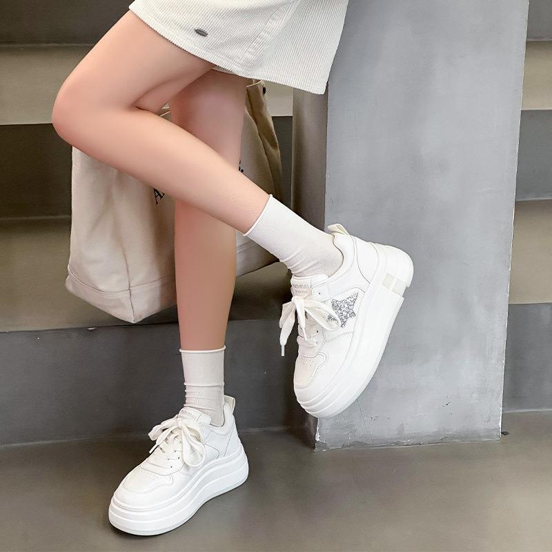 Star Board Shoes Women's Spring New Leather Breathable Comfortable Non-slip Heightening Thick-soled White Shoes