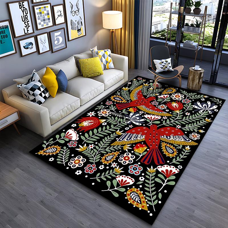 Colorful Bird and Floral Pattern Area Rug with Black Background Suitable for Use As an Anti-slip for Living Room Bedroom Sofas