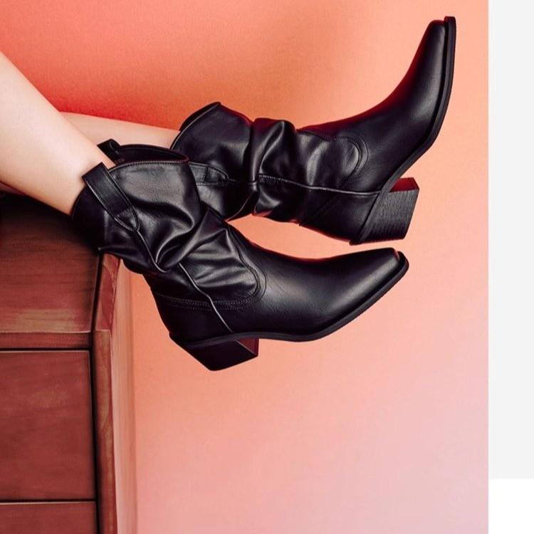 Fashion Women Thick Heel Western Boots Women Faux Suede Chunky Heeled Ankle Boots Autumn New Sewing Slip on Knight Pointed Botas Mujer