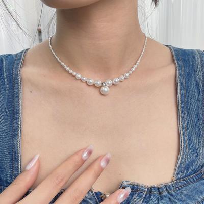 New Fashion Gradient Beaded Pure Silver Collar Chain Strong Light Round Pearl Necklace for Women