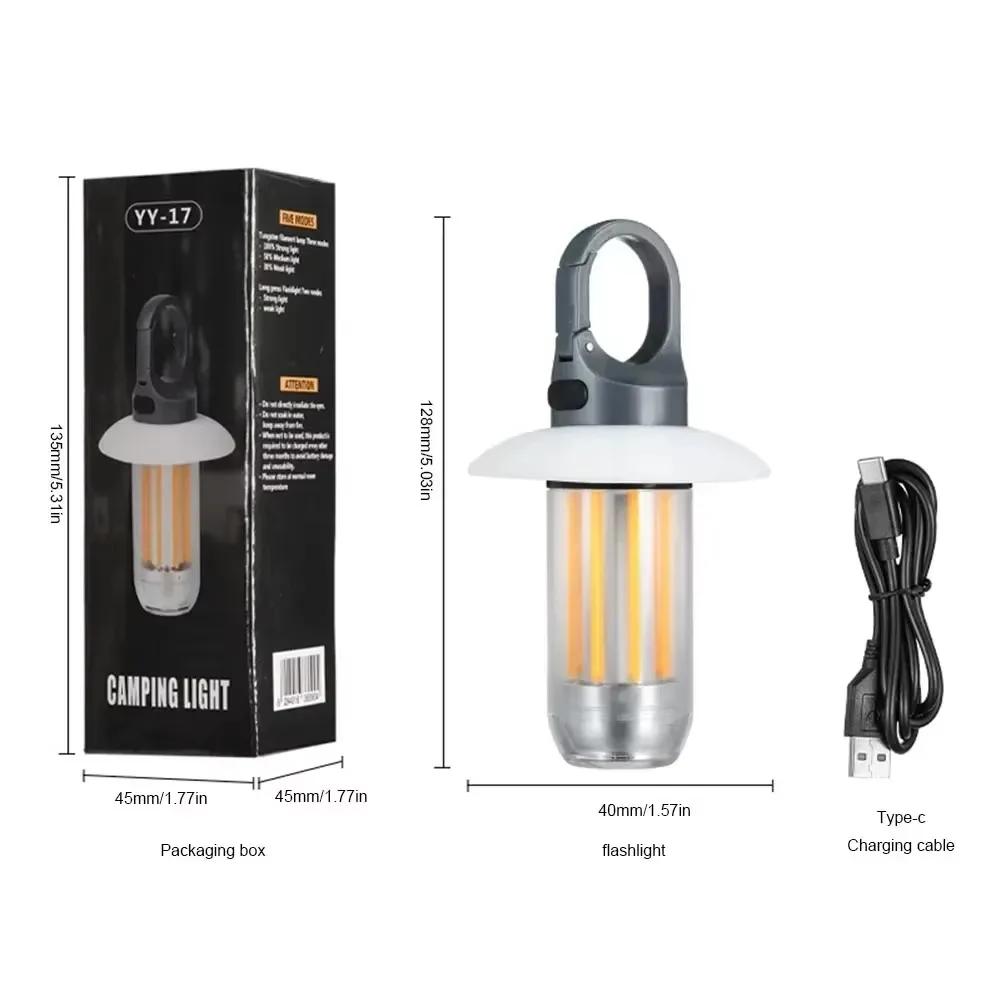 Powerful LED Flashlight USB Rechargeable 8 Tungsten Filament Camping Lantern Outdoor Portable Hook Tent Lamp Handheld Flashlight