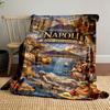 The picture depicts Naples' history with Mt. Vesuvius, art, music, and cuisine. for all seasons blanket lunch break throw gift