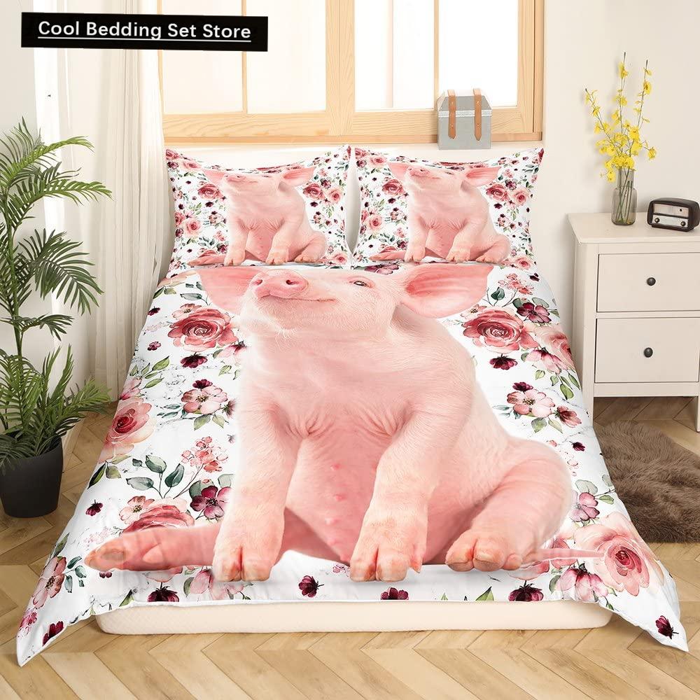 Cartoon Kawaii Pig King Queen Duvet Cover Happy Farm Animal Bedding Set Pink Piggy Quilt Cover 2/3pcs Polyester Comforter Cover