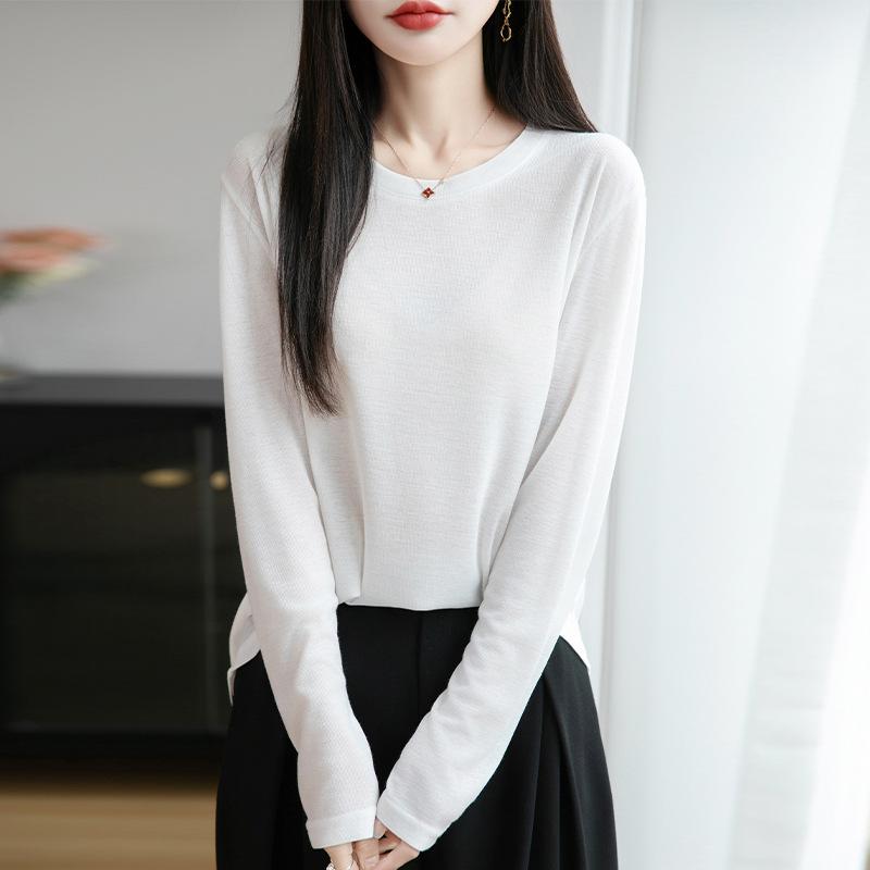 

Летний новый трикотажный свитер с круглым вырезом, с длинными рукавами, однотонный, свободный, универсальный пуловер, базовая футболка, женская трикотажная солнцезащитная рубашка L