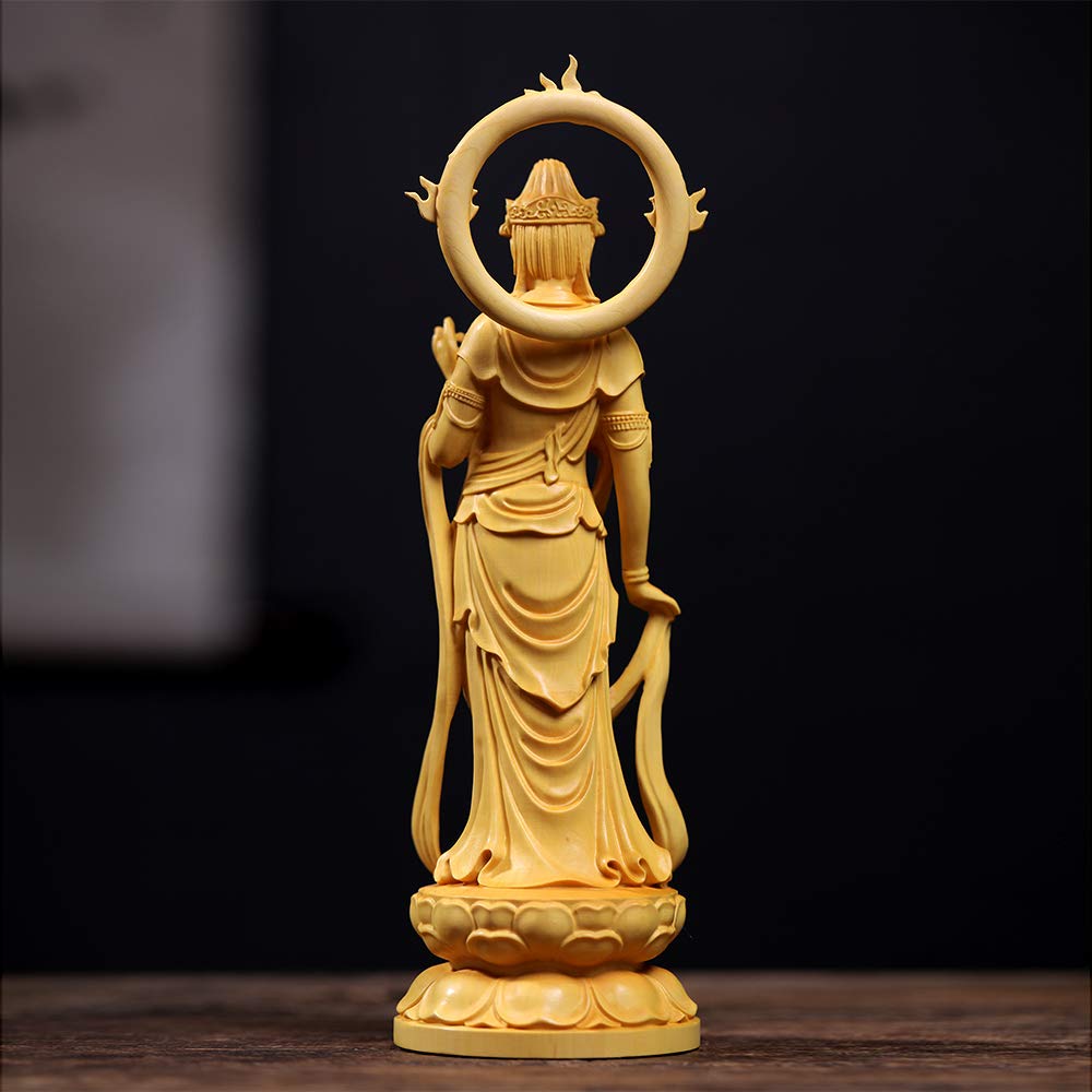 FunLo Traditionelle Kunstschnitzerei Buddhistische Statue, Seishi Bodhisattva, Holzschnitzerei, Schutzgottheit, Feng Shui, Viel Glück, Handgeschnitztes Buchsbaum (23cm H x