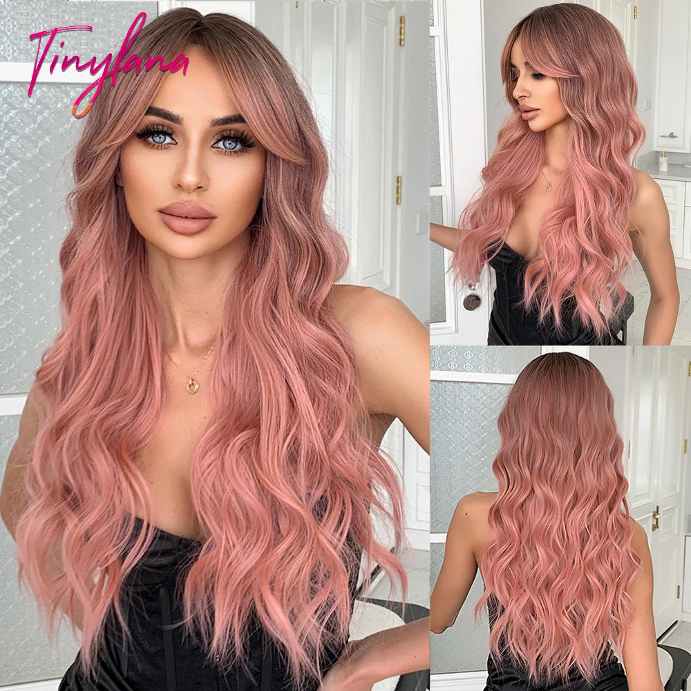 Light Pink Long Wavy Cosplay Synthetic Hair Wigs with Bangs for White Women Afro Lolita Water Wave Halloween Heat Reisitant Wig