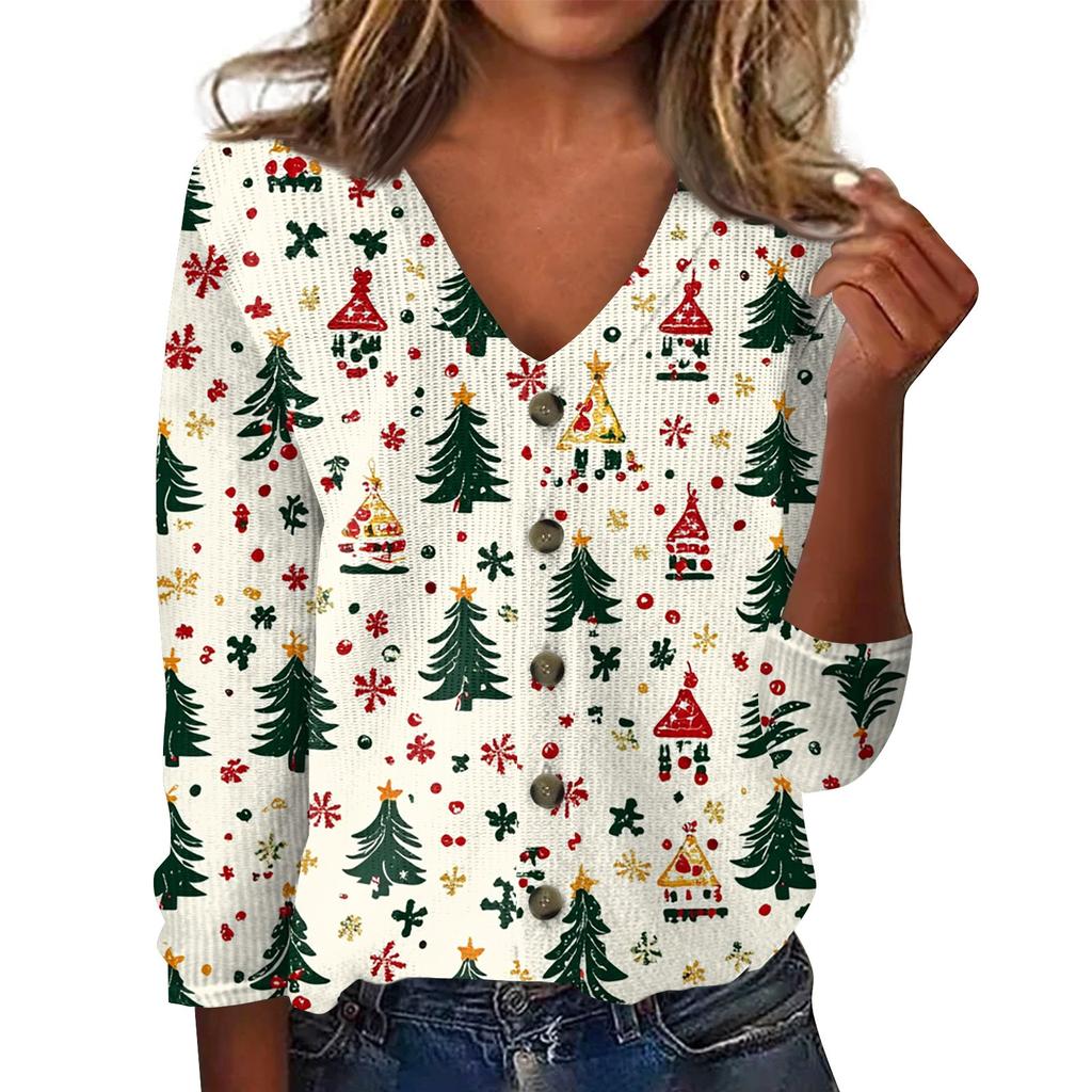Women's Fashion Print Long Sleeve Knitted Cardigan Button Up Jacket
