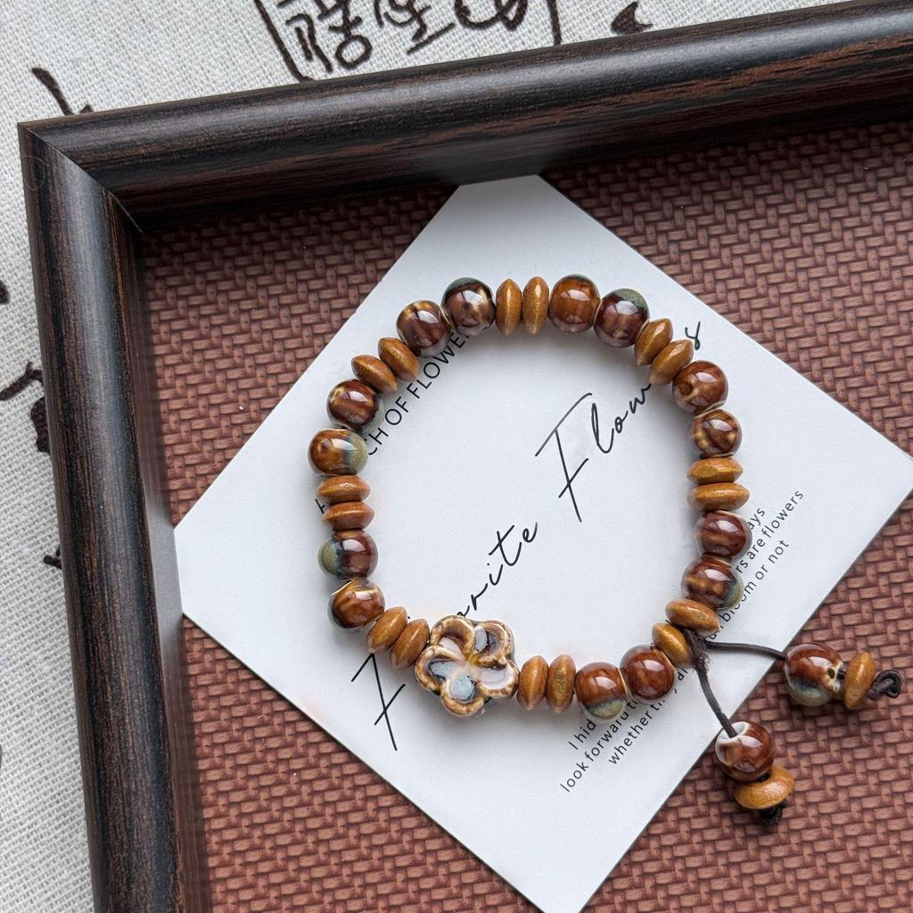 Retro Forest Style Ceramic & Wooden Bead Bracelet - New Chinese Zen Versatile Jewelry