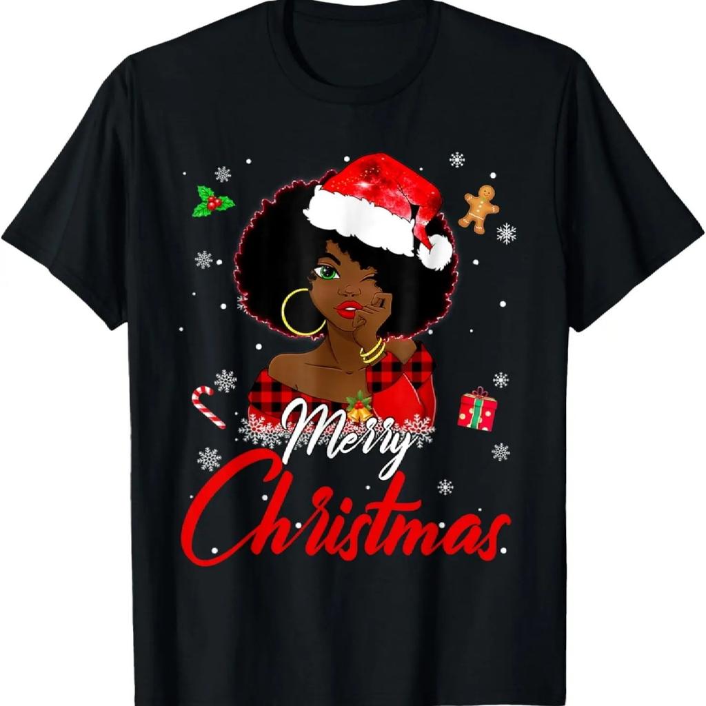 Black African Girl American Melanin Christmas Santa Hat Xmas T-Shirt