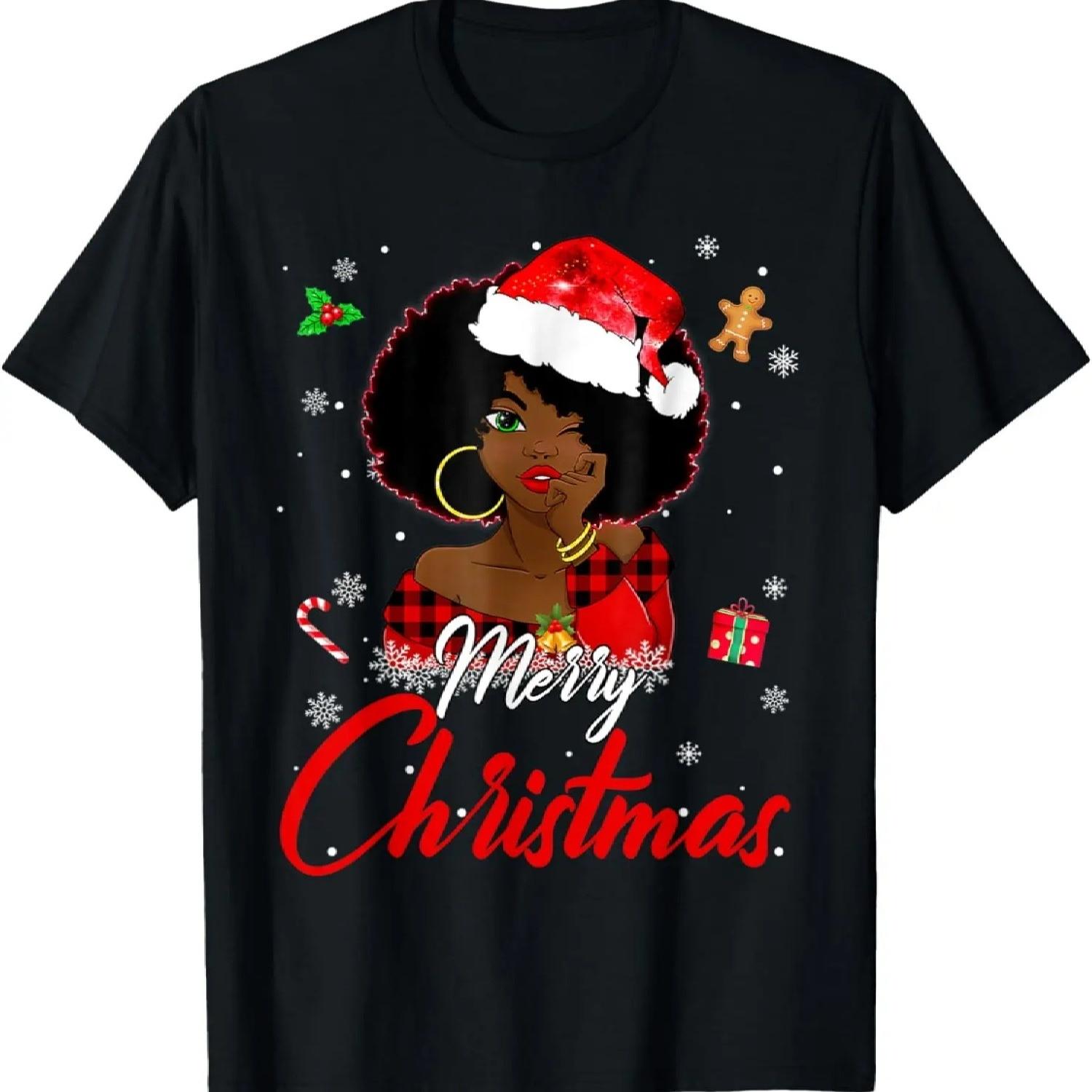 Черная африканская девушка американский меланин Рождество шапка Санты Рождественская футболка S