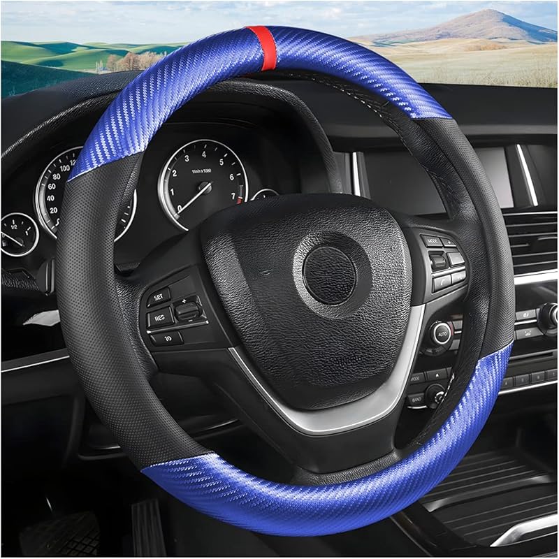 Car Steering Wheel Cover, 15 Inch Anti-Slip Steering Wheel Protector, Carbon Fiber & Microfiber PU Leather Steering Wheel Cover For Women And Men,