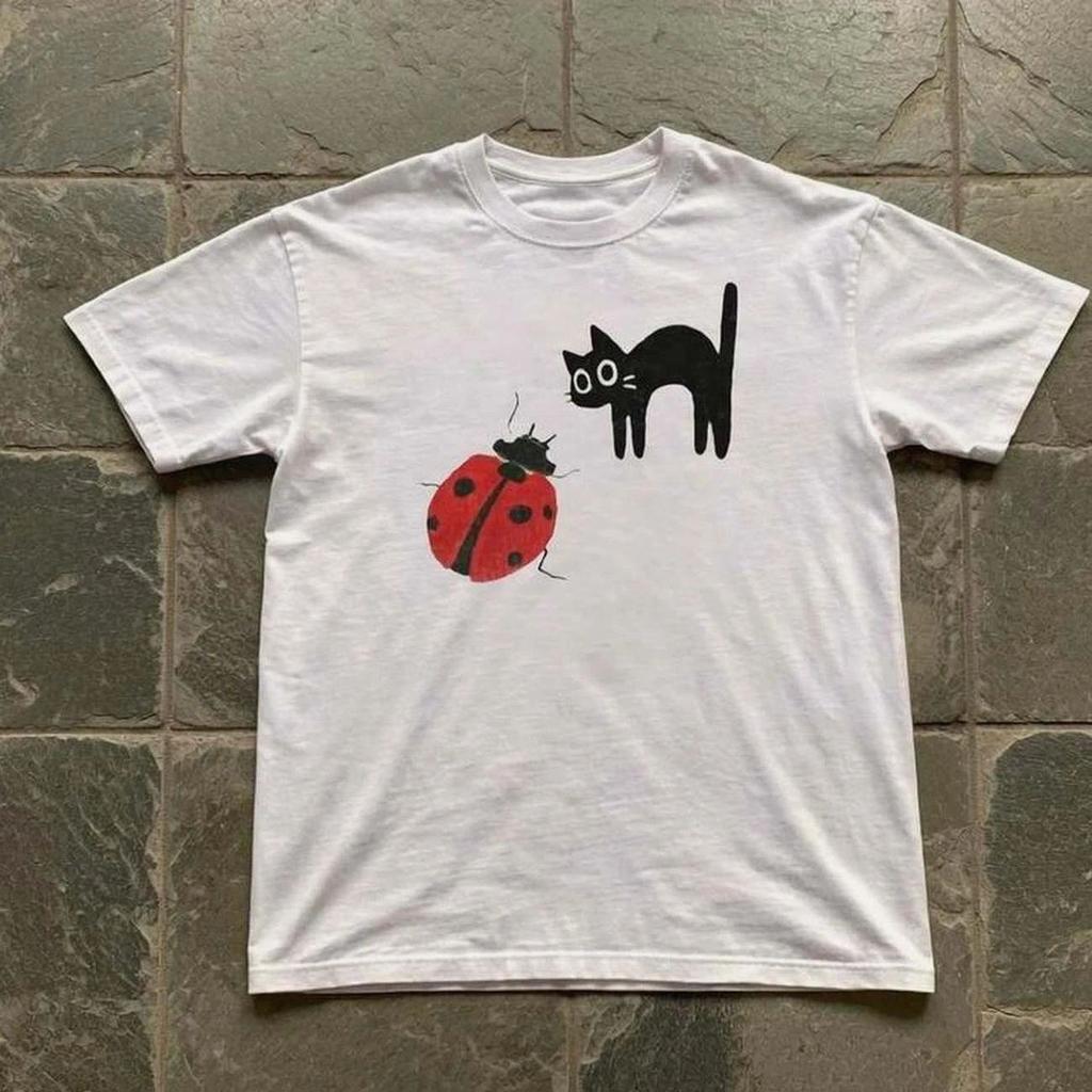 New Cat Top Y2K Fashion Short Sleeve Print Harajuku Hip Hop Top Round Neck Tshirt Casual Loose Streetwear Unisex