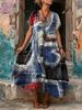 European and American women's blue retro ethnic style printing loose long dress polyester comfortable casual slim short sleeves
