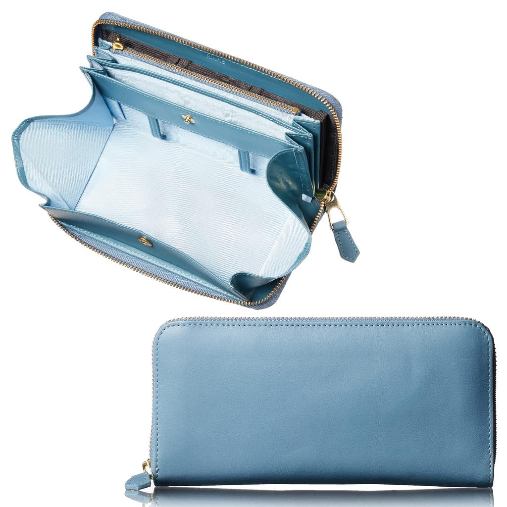 RINRE Women's Long Wallet, Large Capacity, Designer Brand, Vertical Card Slots, Zipper Closure, Coin Slot, Genuine Italian Leather (Nebbia Blue)