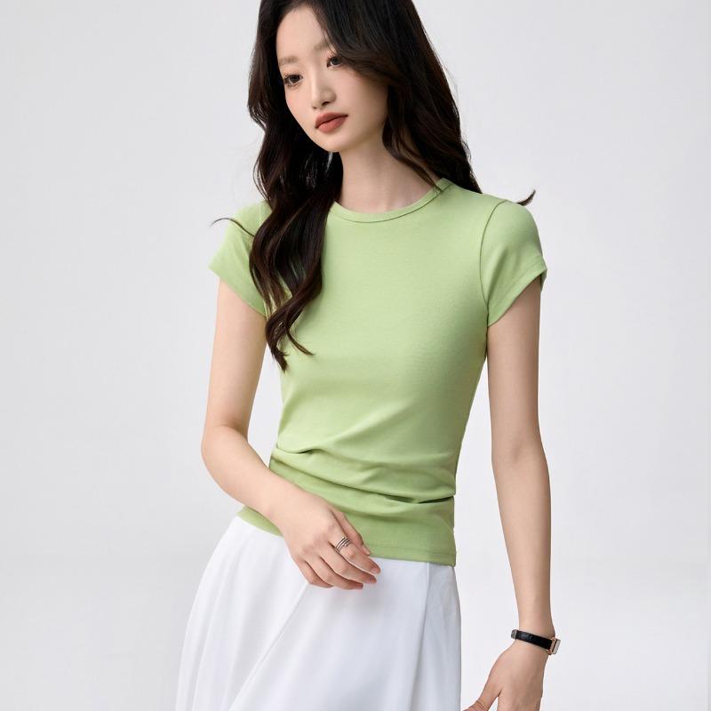 40 Combed Pure Cotton, Small Round Neck Bottoming Shirt T-shirt Women's Short-sleeved Summer New Simple and Versatile Slim and Thin Top