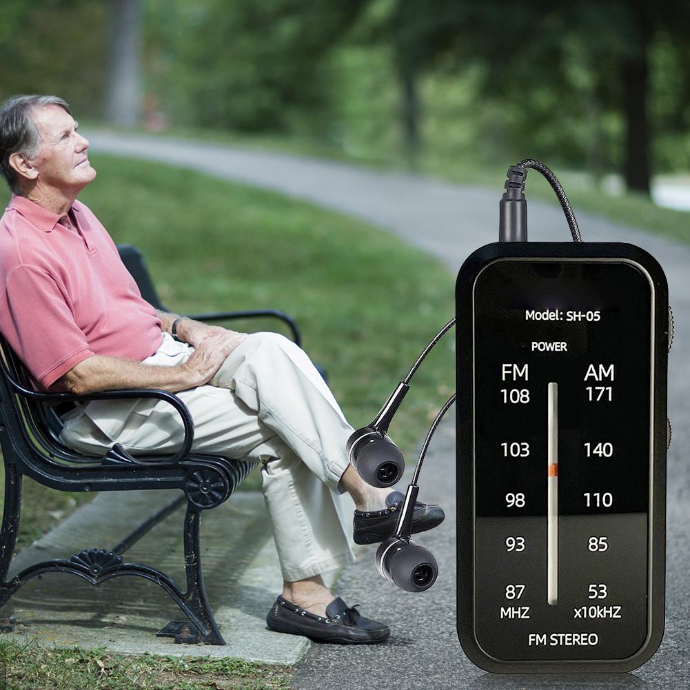 Mini AM FM Stereo Radio Includes Headphones Portable Battery Operated Radio with Back Clip Hand Radio for Walking Jogging