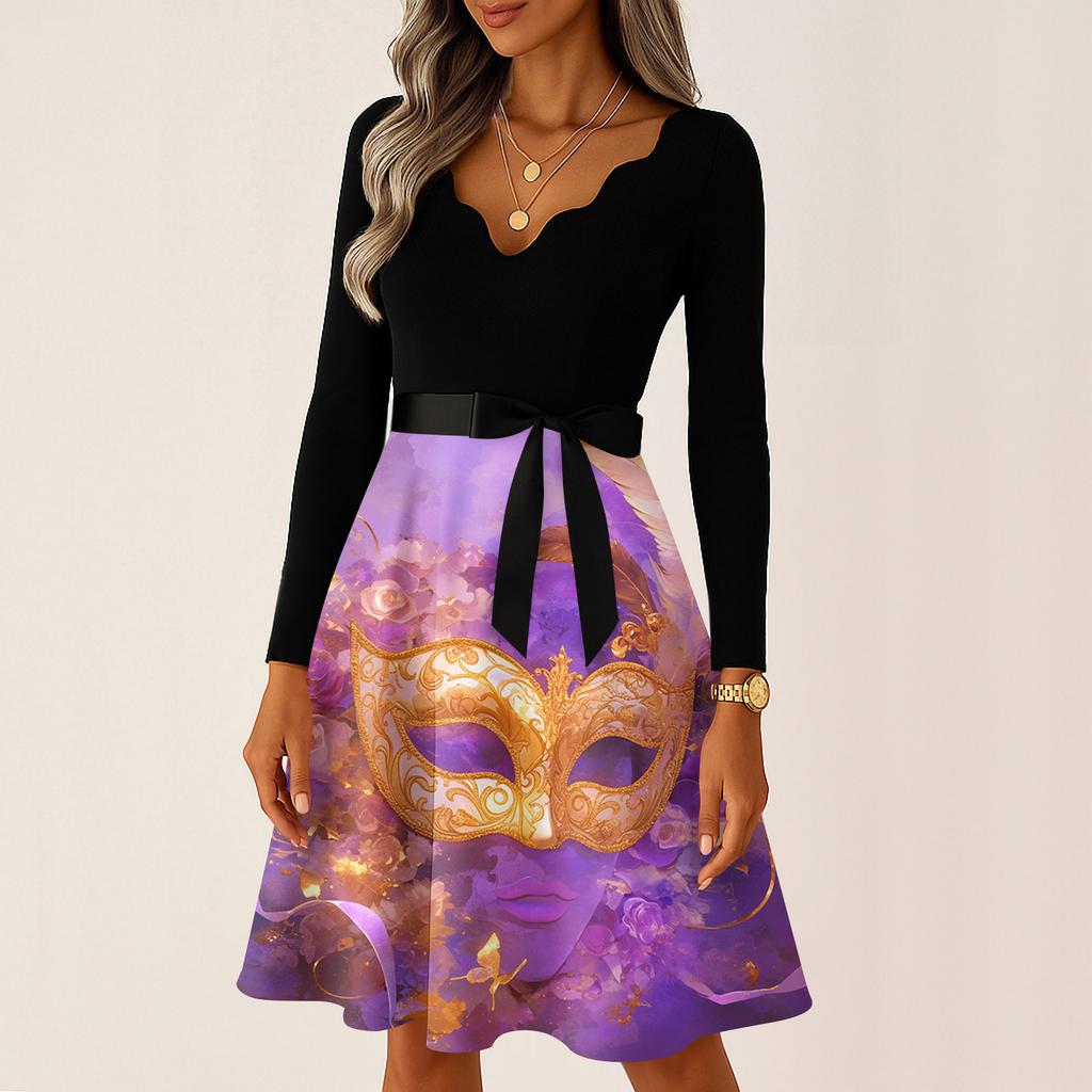 Women's Casual Fashion V Neck Long Sleeve Printed Vintage Long Dress