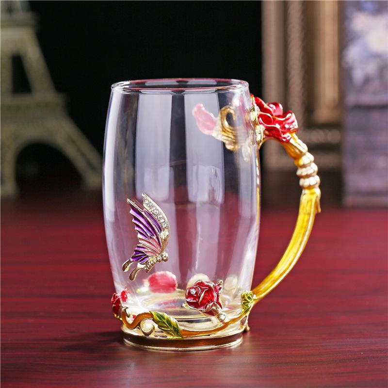 Rose Flower Embossed Glass Enamel Water Cup Cute Gift Glass Water Cup