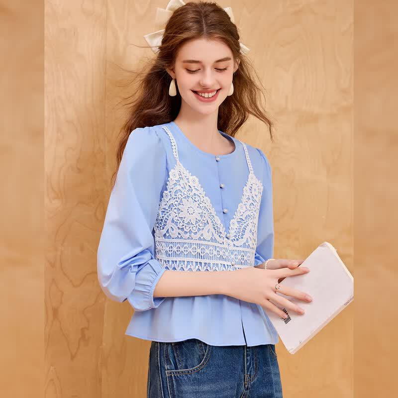 Bailuyu Hollow Out Contrast Lace Patchwork Fake Two-Piece Shirt L
