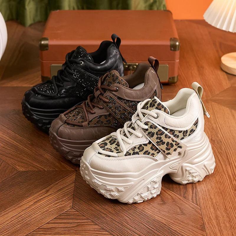 Fashion Women Casual Platform Sneakers 10CM High Heels 2025 New Spring Sport Leather Shoes Bling Trainers Chunky Sneakers Zapatos Mujer