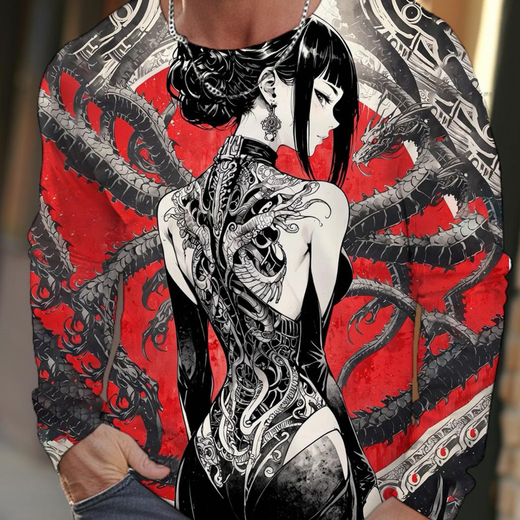 2024 New Men's Long-sleeved T-shirt 3D Printing HD Anime Tattoo Beauty Printing Men's Autumn Tops Casual Round Neck Home Clothes