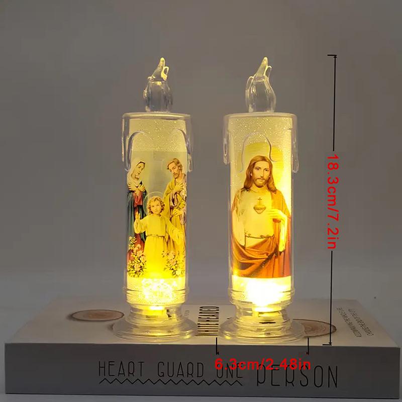Flameless LED Prayer Candle with Jesus & Virgin Mary - Decorative Religious Night Light for Home Altar or Gift