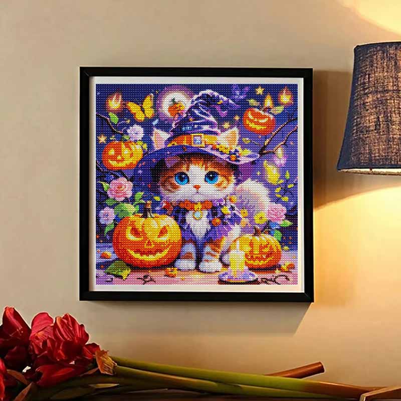 DIY Diamond Art Painting Kit Cute Halloween Witch Cat Pumpkin Pattern Full Drill Canvas Creative Handmade Craft Gift for Adults