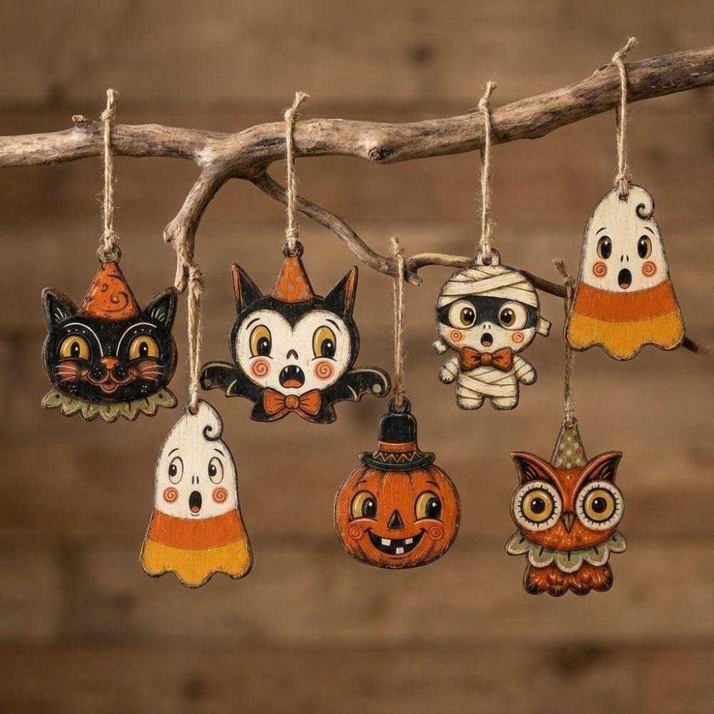 Distressed Painted Halloween Pumpkin Ghost Pendant Owls Bat Hanging Decoration Indoor Use