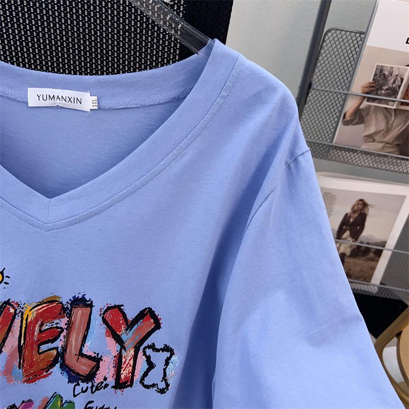 Plus Size V-Neck Slimming Mid-Length Loose T-Shirt for Women, Short-Sleeved, Covers Belly, Available In 200/300/350 Jin.