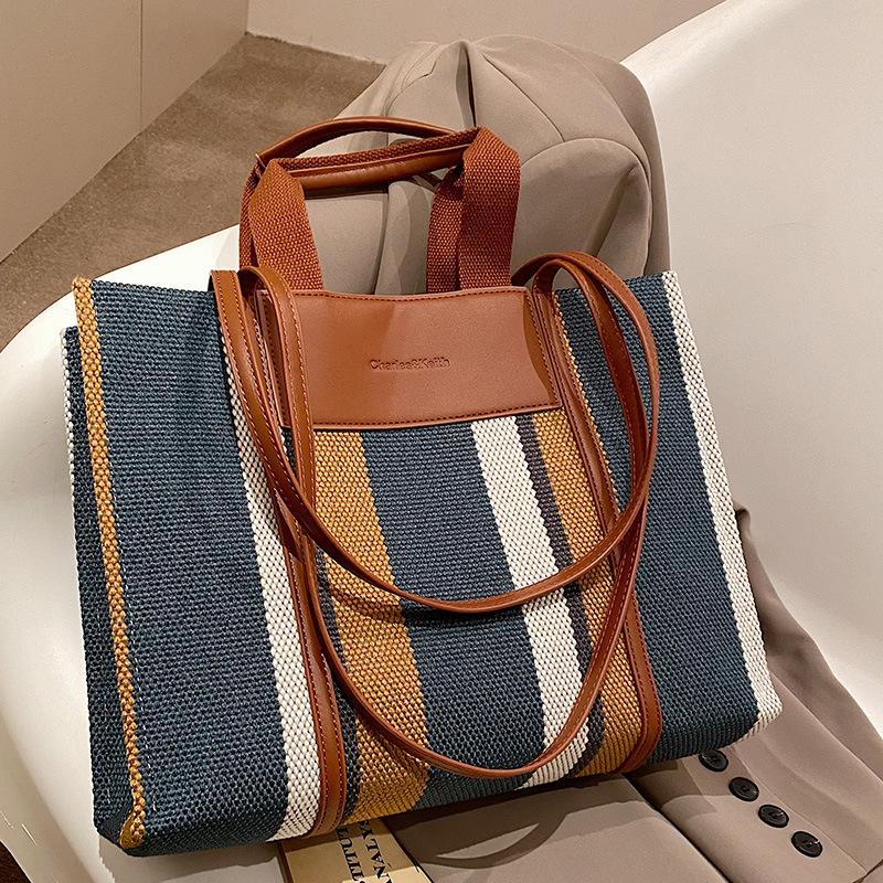 Summer Women's Bags Women's New Canvas Bag Commuter Bag Striped Hand Tote Bag